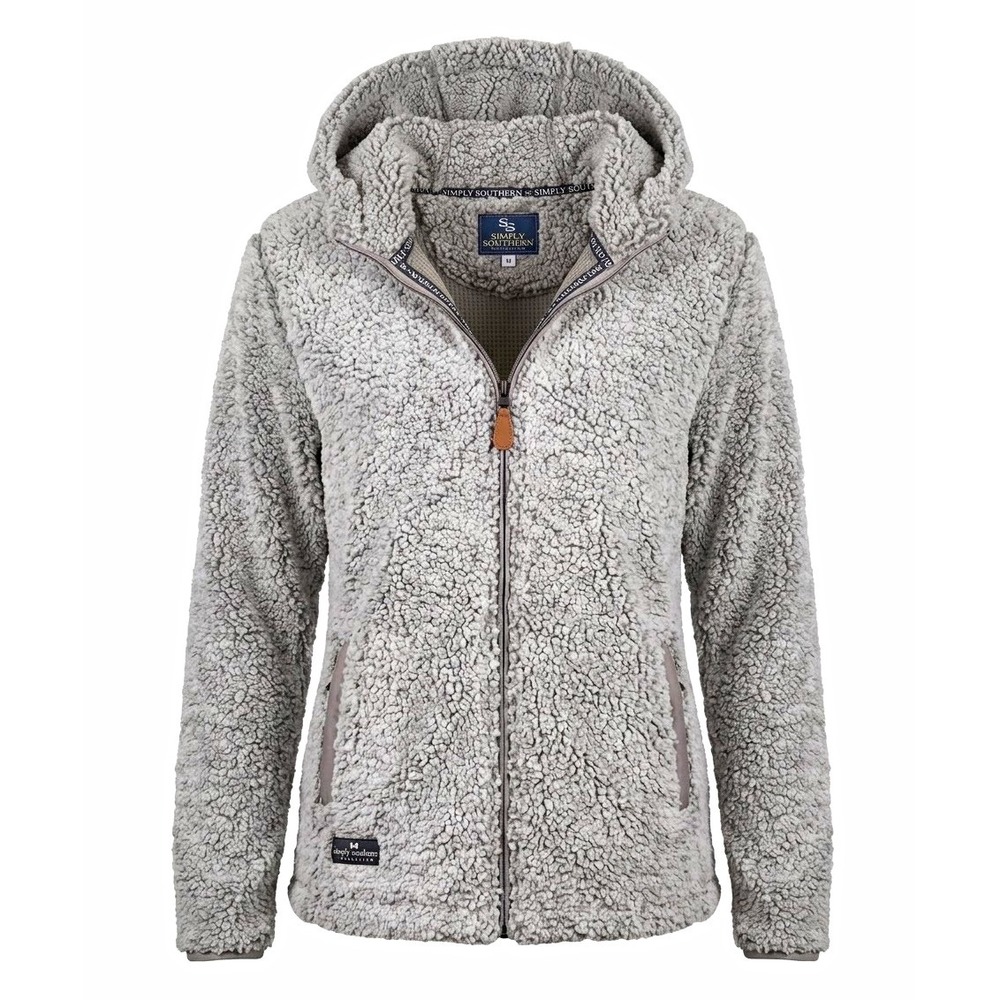 Simply Southern Womens Gray Sherpa Full Zip Hooded Logo Jacket Size M Short